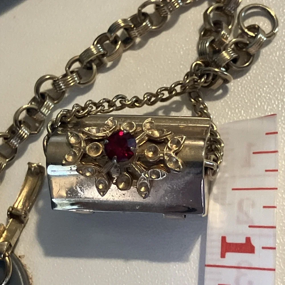 Vintage Charm Bracelet Red Crystal Treasure Chest Opens Whimsical Kitschy Quirky